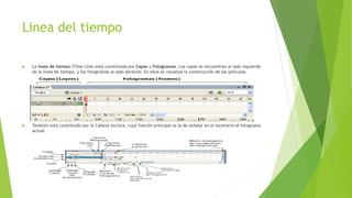 Linea del tiempo
 La línea de tiempo (Time Line) está constituida por Capas y Fotogramas. Las capas se encuentran al lado izquierdo
de la línea de tiempo, y los fotogramas al lado derecho. En ellos se visualiza la construcción de las películas.
 También está constituido por la Cabeza lectora, cuya función principal es la de señalar en el escenario el fotograma
actual.
 