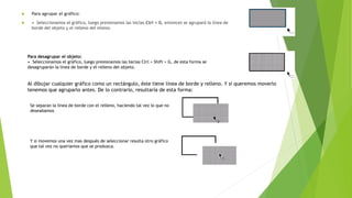  Para agrupar el gráfico:
 • Seleccionamos el gráfico, luego presionamos las teclas Ctrl + G, entonces se agrupará la línea de
borde del objeto y el relleno del mismo.
Para desagrupar el objeto:
• Seleccionamos el gráfico, luego presionamos las teclas Ctrl + Shift + G, de esta forma se
desagruparán la línea de borde y el relleno del objeto.
Al dibujar cualquier gráfico como un rectángulo, éste tiene línea de borde y relleno. Y si queremos moverlo
tenemos que agruparlo antes. De lo contrario, resultaría de esta forma:
Se separan la línea de borde con el relleno, haciendo tal vez lo que no
deseabamos
Y si movemos una vez mas después de seleccionar resulta otro gráfico
que tal vez no queríamos que se produzca.
 