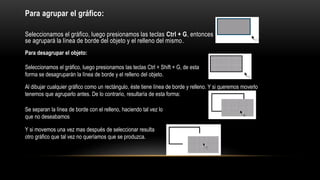 Para agrupar el gráfico:
Seleccionamos el gráfico, luego presionamos las teclas Ctrl + G, entonces
se agrupará la línea de borde del objeto y el relleno del mismo.
Para desagrupar el objeto:
Seleccionamos el gráfico, luego presionamos las teclas Ctrl + Shift + G, de esta
forma se desagruparán la línea de borde y el relleno del objeto.
Al dibujar cualquier gráfico como un rectángulo, éste tiene línea de borde y relleno. Y si queremos moverlo
tenemos que agruparlo antes. De lo contrario, resultaría de esta forma:
Se separan la línea de borde con el relleno, haciendo tal vez lo
que no deseabamos
Y si movemos una vez mas después de seleccionar resulta
otro gráfico que tal vez no queríamos que se produzca.
 