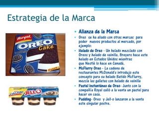 Estrategia de la Marca
                • Alianza de la Marca
                • Oreo se ha aliado con otras marcas para
                  poder nuevos productos al mercado, por
                  ejemplo:
                • Helado de Oreo - Un helado mezclado con
                  Oreos y helado de vainilla. Breyers hace este
                  helado en Estados Unidos mientras
                  que Nestlé lo hace en Canadá.
                • McFlurry Oreo - La cadena de
                  restaurantes McDonald's introdujo este
                  concepto para su helado Batido McFlurry,
                  mezcla las galletas con helado de vainilla
                • Pastel instantáneo de Oreo- Junto con la
                  compañía Royal salió a la venta un pastel para
                  hacer en casa.
                • Pudding- Oreo y Jell-o lanzaron a la venta
                  este singular postre.
 