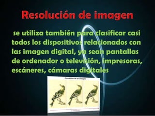 se utiliza también para clasificar casi
todos los dispositivos relacionados con
las imagen digital, ya sean pantallas
de ordenador o televisión, impresoras,
escáneres, cámaras digitales
 
