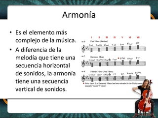 ArmoníaEs el elemento más complejo de la música.A diferencia de la melodía que tiene una secuencia horizontal de sonidos, la armonía tiene una secuencia vertical de sonidos.