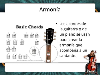 ArmoníaLos acordes de la guitarra o de un piano se usan para crear la armonía que acompaña a un cantante.