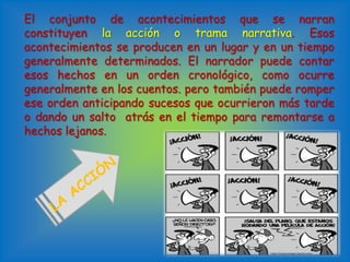El conjunto de acontecimientos que se narran
constituyen la acción o trama narrativa. Esos
acontecimientos se producen en un lugar y en un tiempo
generalmente determinados. El narrador puede contar
esos hechos en un orden cronológico, como ocurre
generalmente en los cuentos. pero también puede romper
ese orden anticipando sucesos que ocurrieron más tarde
o dando un salto atrás en el tiempo para remontarse a
hechos lejanos.
 