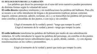 EL DIÁLOGO DENTRO DE LA NARRACIÓN
Las palabras que dicen los personajes en el seno del texto narrativo pueden presentarse
de distintas formas según la voluntad del autor:
El estilo directo reproduce totalmente y sin modificaciones las palabras del hablante. Para ello
se recurre a un verbo introductor de lengua o de pensamiento (replicar, pensar, contestar,
inquirir, ordenar, protestar, admitir, reclamar, etc.), y se transcriben las palabras del personaje
entre comillas y precedidas de dos puntos, o con raya y sin comillas:
Llegó el momento de la verdad y pensó: “tengo que romper la carta”.
Llegó el momento de la verdad y pensó:- tengo que romper la carta.
El estilo indirecto transforma las palabras del hablante por medio de una subordinación
sintáctica. Al verbo introductor le siguen las palabras del personaje, sin comillas ni dos puntos
ni raya, encabezada por nexos subordinantes (que, si, quién, dónde, cuándo…) y con algunas
transformaciones en los verbos y pronombres.
Llegó el momento de la verdad y pensó que tenía que romper la carta.
.
 
