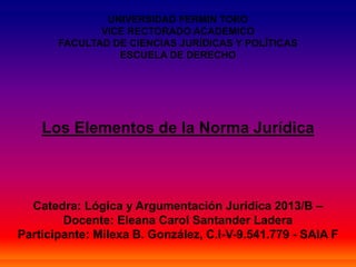 UNIVERSIDAD FERMIN TORO
VICE RECTORADO ACADEMICO
FACULTAD DE CIENCIAS JURÍDICAS Y POLÍTICAS
ESCUELA DE DERECHO
Los Elementos de la Norma Jurídica
Catedra: Lógica y Argumentación Jurídica 2013/B –
Docente: Eleana Carol Santander Ladera
Participante: Milexa B. González, C.I-V-9.541.779 - SAIA F
 