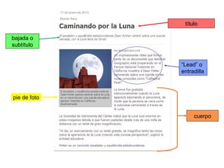 11 de enero de 2013

              Mundo Raro
                                     título

bajada o
subtítulo


                                    “Lead” o
                                    entradilla



pie de foto


                                         cuerpo
 