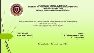 REPUBLICA BOLIVARIANA DE VENEZUELA
MINISTERIO DEL PODER POPULAR PARA LA EDUCACION UNIVERSITARIA
UNIVERSIDAD FERMIN TORO
FACULTAD DE CIENCIAS JURÍDICAS Y POLÍTICAS
Tutor Virtual: Autora:
Prof. María Muñoz Os karina Romero López
C.I. V-13027931
Barquisimeto; Noviembre de 2022
Identificación de los Elementos que integran el Enfoque de Procesos
Hacienda “Mi Refugio”
Centro de Engorde de Ganado Bovino
 