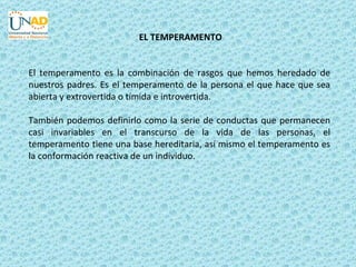 EL TEMPERAMENTO


El temperamento es la combinación de rasgos que hemos heredado de
nuestros padres. Es el temperamento de la persona el que hace que sea
abierta y extrovertida o tímida e introvertida.

También podemos definirlo como la serie de conductas que permanecen
casi invariables en el transcurso de la vida de las personas, el
temperamento tiene una base hereditaria, así mismo el temperamento es
la conformación reactiva de un individuo.
 