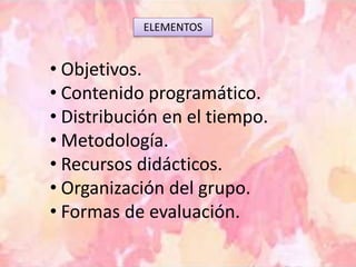 • Objetivos.
• Contenido programático.
• Distribución en el tiempo.
• Metodología.
• Recursos didácticos.
• Organización del grupo.
• Formas de evaluación.
ELEMENTOS
 