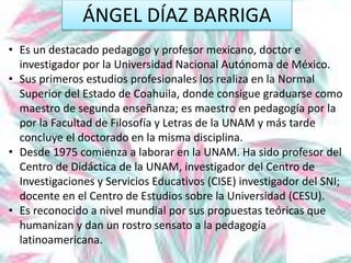 ÁNGEL DÍAZ BARRIGA
• Es un destacado pedagogo y profesor mexicano, doctor e
investigador por la Universidad Nacional Autónoma de México.
• Sus primeros estudios profesionales los realiza en la Normal
Superior del Estado de Coahuila, donde consigue graduarse como
maestro de segunda enseñanza; es maestro en pedagogía por la
por la Facultad de Filosofía y Letras de la UNAM y más tarde
concluye el doctorado en la misma disciplina.
• Desde 1975 comienza a laborar en la UNAM. Ha sido profesor del
Centro de Didáctica de la UNAM, investigador del Centro de
Investigaciones y Servicios Educativos (CISE) investigador del SNI;
docente en el Centro de Estudios sobre la Universidad (CESU).
• Es reconocido a nivel mundial por sus propuestas teóricas que
humanizan y dan un rostro sensato a la pedagogía
latinoamericana.
 