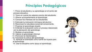 Principios Pedagógicos
1. Poner al estudiante y su aprendizaje en el centro del
proceso educativo.
2. Tener en cuenta los saberes previos del estudiante.
3. Ofrecer acompañamiento al aprendizaje.
4. Conocer los intereses de los estudiantes.
5. Estimular la motivación intrínseca del alumno.
6. Reconocer la naturaleza social del conocimiento.
7. Propiciar el aprendizaje situado.
8. Entender la evaluación como un proceso relacionado
con la planeación del aprendizaje.
9. Modelar el aprendizaje.
10. Valorar el aprendizaje informal.
11. Promover la interdisciplina.
12. Favorecer la cultura del aprendizaje.
13. Apreciar la diversidad como fuente de riqueza para
el aprendizaje.
14. Usar la disciplina como apoyo al aprendizaje.
 
