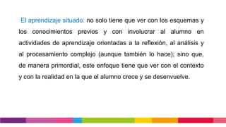 El aprendizaje situado: no solo tiene que ver con los esquemas y
los conocimientos previos y con involucrar al alumno en
actividades de aprendizaje orientadas a la reflexión, al análisis y
al procesamiento complejo (aunque también lo hace); sino que,
de manera primordial, este enfoque tiene que ver con el contexto
y con la realidad en la que el alumno crece y se desenvuelve.
 