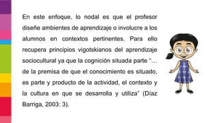 En este enfoque, lo nodal es que el profesor
diseñe ambientes de aprendizaje o involucre a los
alumnos en contextos pertinentes. Para ello
recupera principios vigotskianos del aprendizaje
sociocultural ya que la cognición situada parte “…
de la premisa de que el conocimiento es situado,
es parte y producto de la actividad, el contexto y
la cultura en que se desarrolla y utiliza” (Díaz
Barriga, 2003: 3).
 