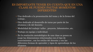 ES IMPORTANTE TENER EN CUENTA QUE EN UNA
CLASE SE PUEDEN PAUTAR MOMENTOS
DIFERENTES:
• Uno dedicado a la presentación del tema y de la forma del
trabajo .
• Otro dedicado al desarrollo de taras por parte de los
alumnos y de del docente.
• Modalidad del trabajo: taller , proyecto, laboratorios ,etc.
• Trabajo en equipo o individual.
• En la resolución metodológica de una clase se ponen en
juego las dimensiones relacionadas con el tipo de
conocimientos , con los estilos del docente y con las
diferentes formas de aprender y tipos de aprendizaje de los
alumnos .
 