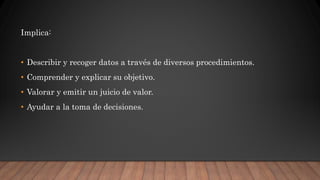 Implica:
• Describir y recoger datos a través de diversos procedimientos.
• Comprender y explicar su objetivo.
• Valorar y emitir un juicio de valor.
• Ayudar a la toma de decisiones.
 