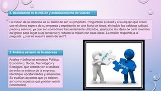 2. Declaración de la misión y establecimiento de valores
La misión de la empresa es su razón de ser, su propósito. Pregúntese a usted y a su equipo qué creen
que el cliente espera de su empresa y exprésenlo en una lluvia de ideas, sin incluir las palabras calidad,
precio y servicio, ya que son comodines frecuentemente utilizados, jerarquice las ideas de cada miembro
del grupo para llegar a un consenso y redacte la misión con esas ideas. La misión responde a la
pregunta: ¿cuál es nuestra razón de ser??.
3. Análisis externo de la empresa
Analice y defina los entornos Político,
Económico, Social, Tecnológico y
Ecológico, que constituyen el análisis
de entorno externo de la empresa.
Identifique oportunidades y amenazas.
Se evalúan aspectos que ya existen,
así como aspectos que podrían existir
(tendencias).
 