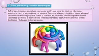 6. Diseño, evaluación y selección de estrategias
Defina las estrategias, alternativas o cursos de acción para lograr los objetivos y la misión.
Muestran el uso y la asignación de los recursos. Responde a la pregunta ¿Cómo vamos a hacerlo?
Para formular la estrategia puede usarse la Matriz DOFA, un marco conceptual para un análisis
sistemático que facilita el apareamiento entre las amenazas y oportunidades externas con las
debilidades y fortalezas de la organización.
 