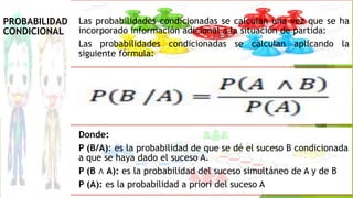 PROBABILIDAD
CONDICIONAL
Las probabilidades condicionadas se calculan una vez que se ha
incorporado información adicional a la situación de partida:
Las probabilidades condicionadas se calculan aplicando la
siguiente fórmula:
Donde:
P (B/A): es la probabilidad de que se dé el suceso B condicionada
a que se haya dado el suceso A.
P (B ∧ A): es la probabilidad del suceso simultáneo de A y de B
P (A): es la probabilidad a priori del suceso A
 