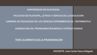 UNIVERSIDAD DE GUAYAQUIL
FACULTAD DE FILOSOFÍA, LETRASY CIENCIAS DE LA EDUCACIÓN
CARRERA DE PEDAGOGÍA DE LAS CIENCIAS EXPERIMENTALES - INFORMÁTICA
ASIGNATURA DE: PROGRAMACIÓN BÁSICAY ESTRUCTURADA
TEMA: ELEMENTOS DE LA PROGRAMACIÓN
DOCENTE: Juan CarlosVasco Delgado
 