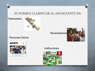 ES POSIBLE CLASIFICAR AL ANUNCIANTE EN:
Fabricantes




                           Revendedores
 Personas físicas



                      Instituciones
 