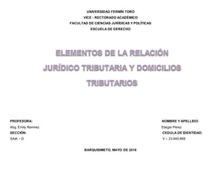 UNIVERSIDAD FERMÍN TORO
VICE - RECTORADO ACADÉMICO
FACULTAD DE CIENCIAS JURÍDICAS Y POLÍTICAS
ESCUELA DE DERECHO
PROFESORA: NOMBRE Y APELLIDO:
Abg. Emily Ramirez Elaiger Pérez
SECCIÓN: CEDULA DE IDENTIDAD:
SAIA – D V – 23.845.868
BARQUISIMETO, MAYO DE 2018
 