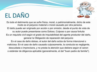 Es todo el detrimento que se sufre física, moral, o patrimonialmente, dicho de este
modo es el perjuicio material o moral causado por otra persona.
El daño puede ser originado por acción o por omisión, desde el punto de vista de
su autor puede presentarse como Doloso, Culposo o por causa fortuita
Es un requisito civil según el grado de imputabilidad del agente productor del daño,
generar la Obligación de reparación del perjuicio
En el caso de daño doloso, el autor del daño actúa de forma intencional o
maliciosa. En el caso de daño causado culposamente, la conducta es negligente,
descuidada o imprevisora, y no presta la atención que debiera según el canon
o estándar de diligencia aplicable (generalmente, el del "buen padre de familia").
EL DAÑO
 