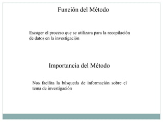 Función del Método


Escoger el proceso que se utilizara para la recopilación
de datos en la investigación




          Importancia del Método

 Nos facilita la búsqueda de información sobre el
 tema de investigación
 