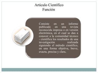 Articulo Científico
     Función


  Consiste      en    un    informe
  publicado en una revista
  reconocida impresa o en versión
  electrónica, en el cual se dan a
  conocer a la comunidad técnico
  - científica los resultados de una
  investigación            realizada
  siguiendo el método científico,
  en una forma objetiva, breve,
  exacta, precisa y clara.
 