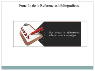 Función de la Referencias bibliográficas




                    Nos ayuda a informarnos
                    sobre el tema a investigar.
 