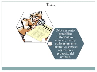 Titulo




      Debe ser corto,
         específico,
        informativo,
      conciso, claro y
      suficientemente
    ilustrativo sobre el
        contenido y
       propósito del
          artículo.
 