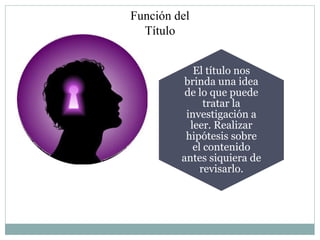Función del
  Título


            El título nos
          brinda una idea
          de lo que puede
               tratar la
          investigación a
           leer. Realizar
          hipótesis sobre
            el contenido
         antes siquiera de
              revisarlo.
 