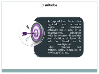 Resultados



    Se expondrá en forma clara
    siguiendo una secuencia
    lógica,      los      resultados
    obtenidos por el autor en su
    investigación,        utilizando
    todos los recursos disponibles
    para clarificar al lector de
    todo lo obtenido en la
            investigación.
    Estos        recursos        son
    gráficos, tablas, fotografías, m
    icrofotografías, etc.
 