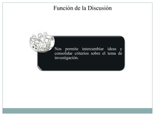 Función de la Discusión




Nos permite intercambiar ideas y
consolidar criterios sobre el tema de
investigación.
 