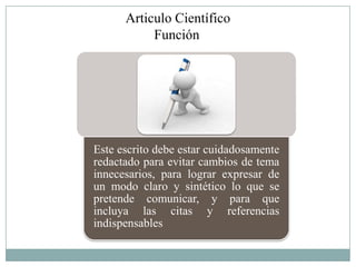 Articulo Científico
           Función




Este escrito debe estar cuidadosamente
redactado para evitar cambios de tema
innecesarios, para lograr expresar de
un modo claro y sintético lo que se
pretende comunicar, y para que
incluya las citas y referencias
indispensables
 