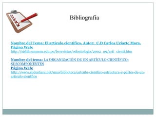 Bibliografía



Nombre del Tema: El artículo científico. Autor: C.D Carlos Uriarte Mora.
Página Web:
http://sisbib.unmsm.edu.pe/bvrevistas/odontologia/2002_n9/arti_cienti.htm

Nombre del tema: LA ORGANIZACIÓN DE UN ARTÍCULO CIENTÍFICO:
SUSCOMPONENTES
Página Web:
http://www.slideshare.net/unavbiblioteca/artculo-cientfico-estructura-y-partes-de-un-
articulo-cientfico
 