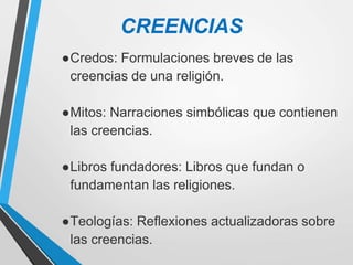 CREENCIAS
●Credos: Formulaciones breves de las
creencias de una religión.
●Mitos: Narraciones simbólicas que contienen
las creencias.
●Libros fundadores: Libros que fundan o
fundamentan las religiones.
●Teologías: Reflexiones actualizadoras sobre
las creencias.
 