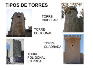 TIPOS DE TORRES
TORRE
CIRCULAR
TORRE
POLIGONAL
TORRE
CUADRADA
TORRE
POLIGONAL
EN PROA