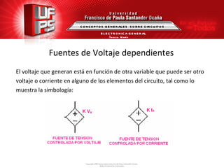 Fuentes de Voltaje dependientes El voltaje que generan está en función de otra variable que puede ser otro voltaje o corriente en alguno de los elementos del circuito, tal como lo muestra la simbología: CONCEPTOS GENERALES  SOBRE CIRCUITOS ELECTRONICA GENERAL Ángela  María Guerrero  