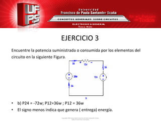 EJERCICIO 3 Encuentre la potencia suministrada o consumida por los elementos del circuito en la siguiente Figura. b) P24 = -72w; P12=36w ; P12 = 36w El signo menos indica que genera ( entrega) energía. CONCEPTOS GENERALES  SOBRE CIRCUITOS ELECTRONICA GENERAL Ángela  María Guerrero  