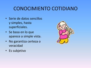 CONOCIMIENTO COTIDIANOSerie de datos sencillos y simples, hasta superficiales.Se basa en lo que aparece a simple vista.No garantiza certeza o veracidadEs subjetivo