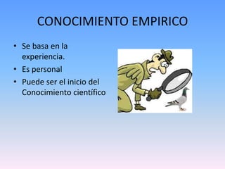 CONOCIMIENTO EMPIRICOSe basa en la experiencia.Es personalPuede ser el inicio del Conocimiento científico