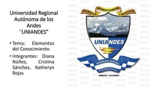 Universidad Regional
Autónoma de los
Andes
“UNIANDES”
• Tema: Elementos
del Conocimiento
• Integrantes: Diana
Núñez, Cristina
Sánchez, Katheryn
Rojas
 