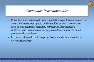 Contenidos Procedimentales 
• Constituyen el conjunto de saberes prácticos que forman la materia 
de un determinado proyecto de formación, es decir, no son otra 
cosa que las técnicas, métodos, estrategias, habilidades o 
destrezas que pretendemos que alguien adquiera a través de un 
programa de enseñanza. 
• Lo que en el mundo de la empresa hoy suele denominarse know 
how o saber cómo. 
17 
 