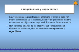 Competencias y capacidades 
• La evolución de la psicología del aprendizaje, como la cada vez 
mayor complejidad de la sociedad, han hecho que nuestra manera 
de entender los objetivos se vaya modificando de forma sustancial. 
• Hoy se tiende a hablar de los objetivos del currículum no en 
términos de conductas, sino en términos de competencias y 
capacidades. 
11 
 