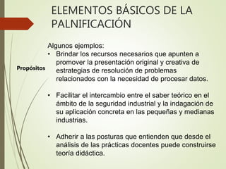 ELEMENTOS BÁSICOS DE LA
PALNIFICACIÓN
Algunos ejemplos:
• Brindar los recursos necesarios que apunten a
promover la presentación original y creativa de
estrategias de resolución de problemas
relacionados con la necesidad de procesar datos.
• Facilitar el intercambio entre el saber teórico en el
ámbito de la seguridad industrial y la indagación de
su aplicación concreta en las pequeñas y medianas
industrias.
• Adherir a las posturas que entienden que desde el
análisis de las prácticas docentes puede construirse
teoría didáctica.
Propósitos
 