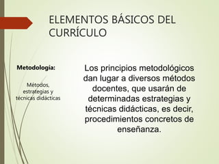 ELEMENTOS BÁSICOS DEL
CURRÍCULO
Metodología: Los principios metodológicos
dan lugar a diversos métodos
docentes, que usarán de
determinadas estrategias y
técnicas didácticas, es decir,
procedimientos concretos de
enseñanza.
Métodos,
estrategias y
técnicas didácticas
 