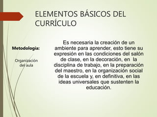 ELEMENTOS BÁSICOS DEL
CURRÍCULO
Metodología:
Es necesaria la creación de un
ambiente para aprender, esto tiene su
expresión en las condiciones del salón
de clase, en la decoración, en la
disciplina de trabajo, en la preparación
del maestro, en la organización social
de la escuela y, en definitiva, en las
ideas universales que sustenten la
educación.
Organización
del aula
 
