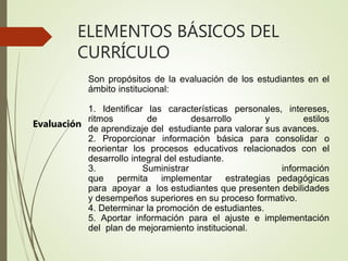 ELEMENTOS BÁSICOS DEL
CURRÍCULO
Evaluación
Son propósitos de la evaluación de los estudiantes en el
ámbito institucional:
1. Identificar las características personales, intereses,
ritmos de desarrollo y estilos
de aprendizaje del estudiante para valorar sus avances.
2. Proporcionar información básica para consolidar o
reorientar los procesos educativos relacionados con el
desarrollo integral del estudiante.
3. Suministrar información
que permita implementar estrategias pedagógicas
para apoyar a los estudiantes que presenten debilidades
y desempeños superiores en su proceso formativo.
4. Determinar la promoción de estudiantes.
5. Aportar información para el ajuste e implementación
del plan de mejoramiento institucional.
 