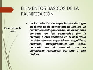ELEMENTOS BÁSICOS DE LA
PALNIFICACIÓN
• La formulación de expectativas de logro
en términos de competencias implica un
cambio de enfoque desde una enseñanza
centrada en los contenidos (en la
materia) a otra centrada en el desarrollo
de determinadas capacidades cognitivas,
motrices, interpersonales…(es decir,
centrada en el alumno) que se
consideran relevantes por uno u otro
motivo.
Expectativas de
logro
 